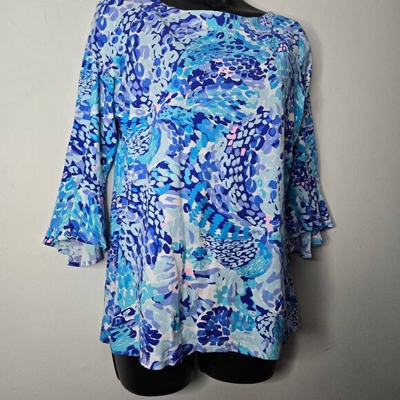 Lilly Pulitzer Shirt Size Small Fontaine Top Turquoise Oasis Wave After Wave 3/4 - Picture 2 of 6
